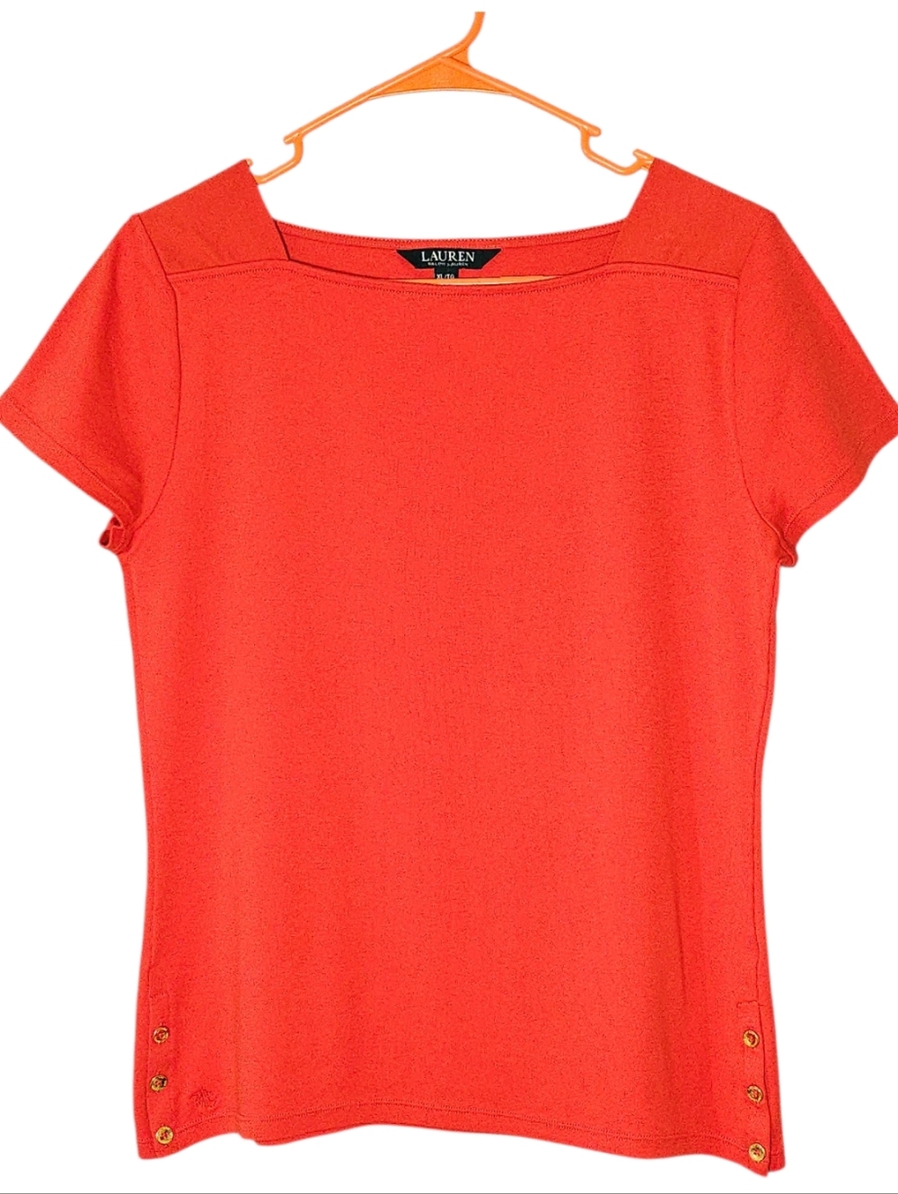 👚Lauren Ralph Lauren Red Square Neck Short Sleeve Top with Gold Buttons XL👚